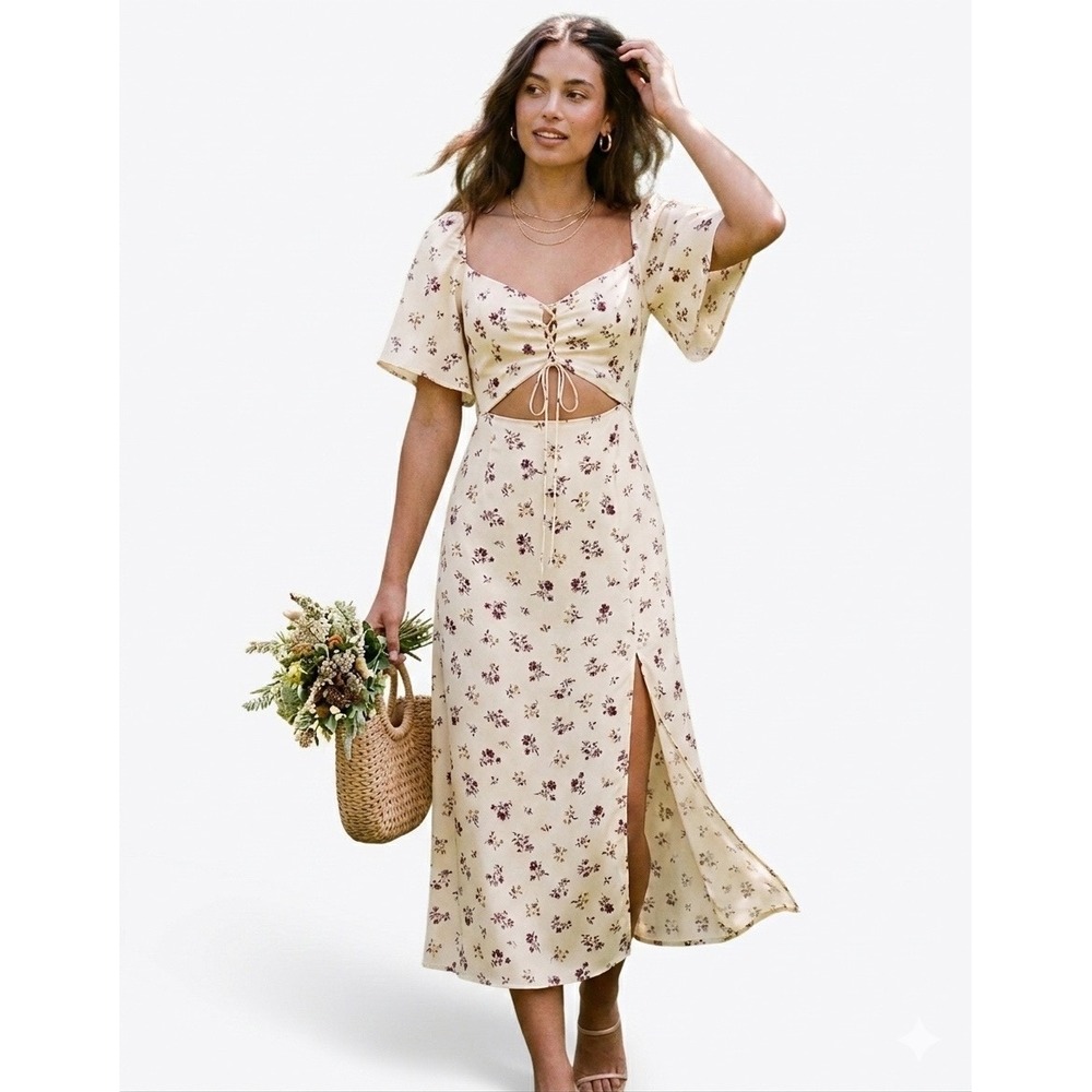 Zara Lace Up Front Cut Out‎ Midi Dress Yellow Floral Side Slit size Large